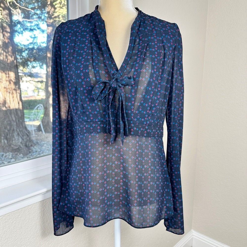 Derek Lam Collective Tie Blouse Womens‎ 6 Blue Geometric Print Sheer Luxury Chic